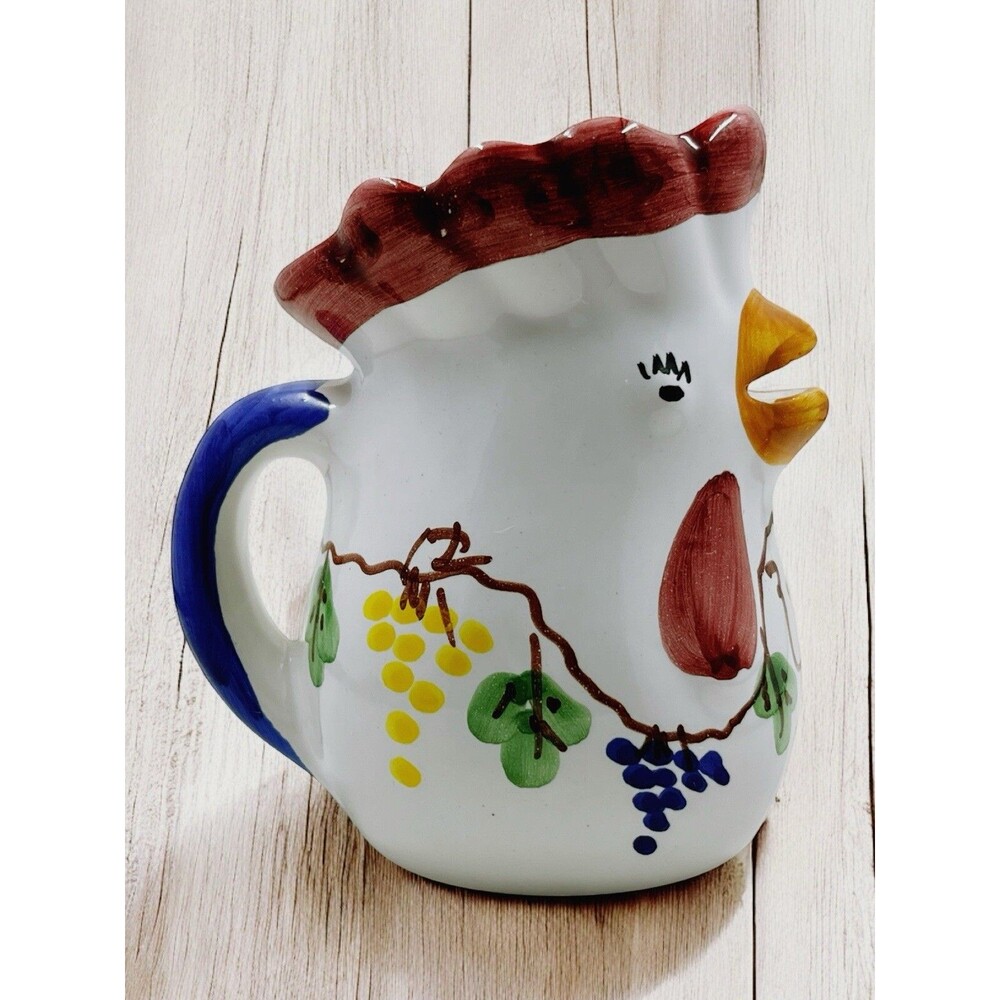 VTG Giovanni Vietri Pottery Chicken Rooster Pitcher Hand Painted Signed Unique